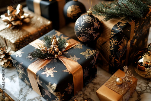 Elegant Christmas Gifts in Black and Gold on Marble Table