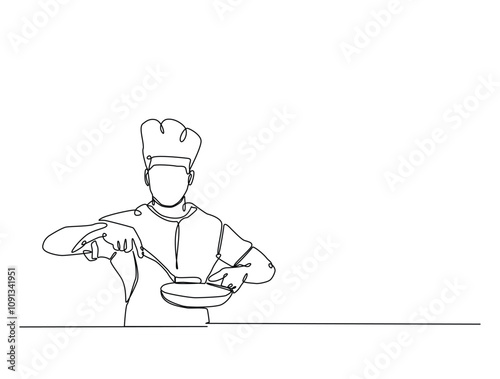 Continuous one line drawing of chef cooking with pan. Professional chef holds pan in single line draw vector illustration. Editable vector.