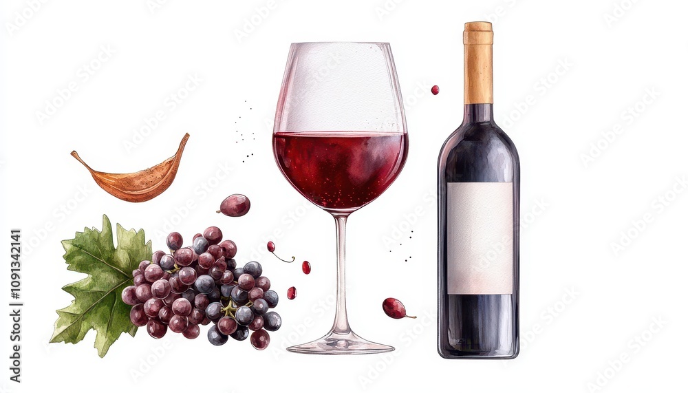 Obraz premium A glass of red wine, accompanied by grapes and a bottle, showcasing elegance.