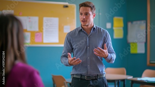 A teacher or mentor speaking to a student in a classroom, using persuasive body language to convince them of an important lesson