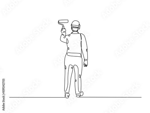 Continuous one line drawing of worker painting with roller brush. Man holding roller paint brush. Editable vector.