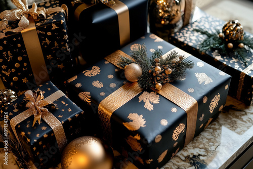 Elegant Christmas Gifts in Black and Gold on Marble Table