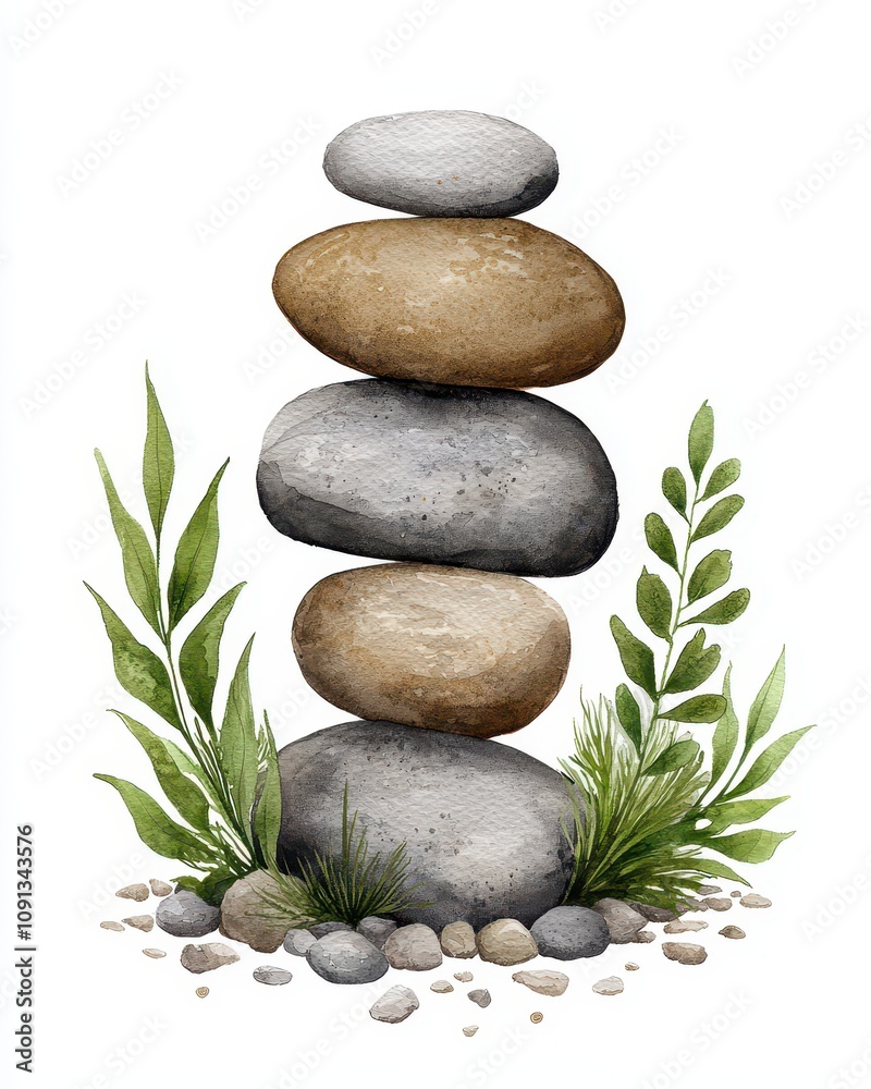 A serene stack of stones surrounded by lush green plants and delicate leaves. A serene stack of stones surrounded by lush green plants and delicate leaves.