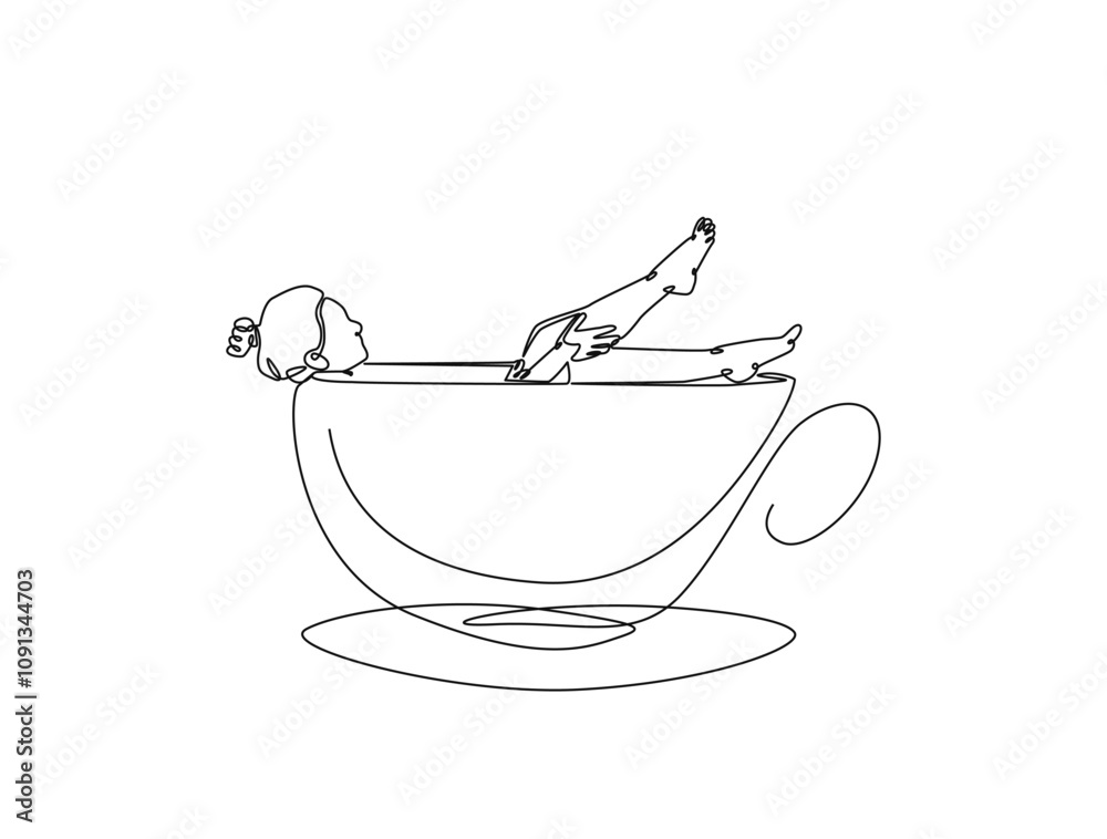 Naklejka premium Continuous one line drawing of women taking bath in a coffee cup. Beautiful lady enjoying bathing as drinking caffeine beverage metaphor. Editable vector.