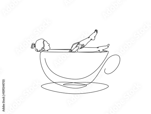 Continuous one line drawing of women taking bath in a coffee cup. Beautiful lady enjoying bathing as drinking caffeine beverage metaphor. Editable vector.