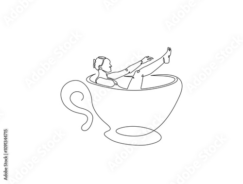 Continuous one line drawing of women taking bath in a coffee cup. Beautiful lady enjoying bathing as drinking caffeine beverage metaphor. Editable vector.