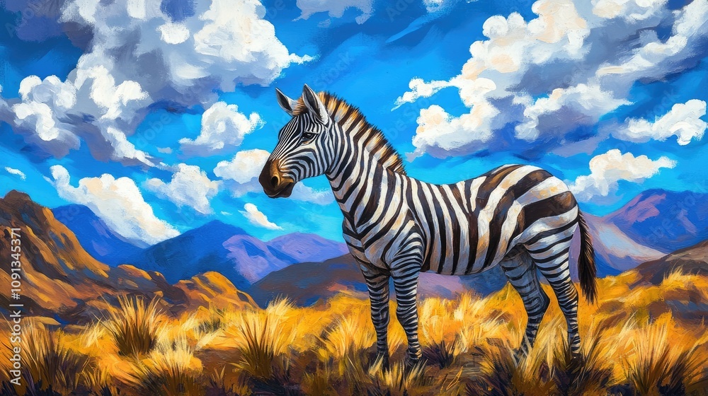 Obraz premium Zebra standing majestically in a vibrant grassy landscape under a dramatic sky filled with fluffy clouds and distant mountains.