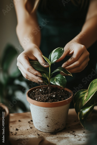 Close-Up of Hands Repotting a Seedling with Soil and Planter