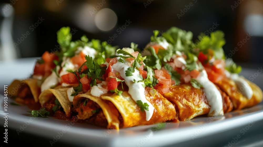 Delicious enchiladas topped with fresh cilantro, diced tomatoes, and creamy sauce, served on a white plate, showcasing vibrant colors and textures. Delicious enchiladas topped with fresh cilantro, diced tomatoes, and creamy sauce, served on a white plate, showcasing vibrant colors and textures.
