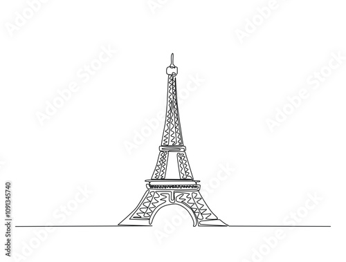 Continuous line drawing art of Paris Eiffel Tower. Single line draw with active stroke.