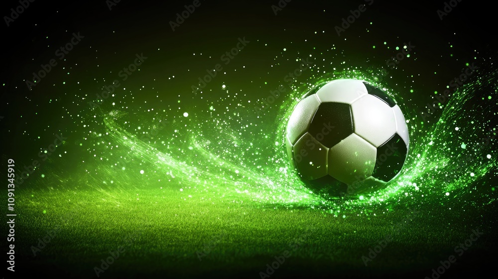 Naklejka premium Soccer ball surrounded by vibrant green light and sparkling effects on an illuminated green backdrop, with space for text or branding.