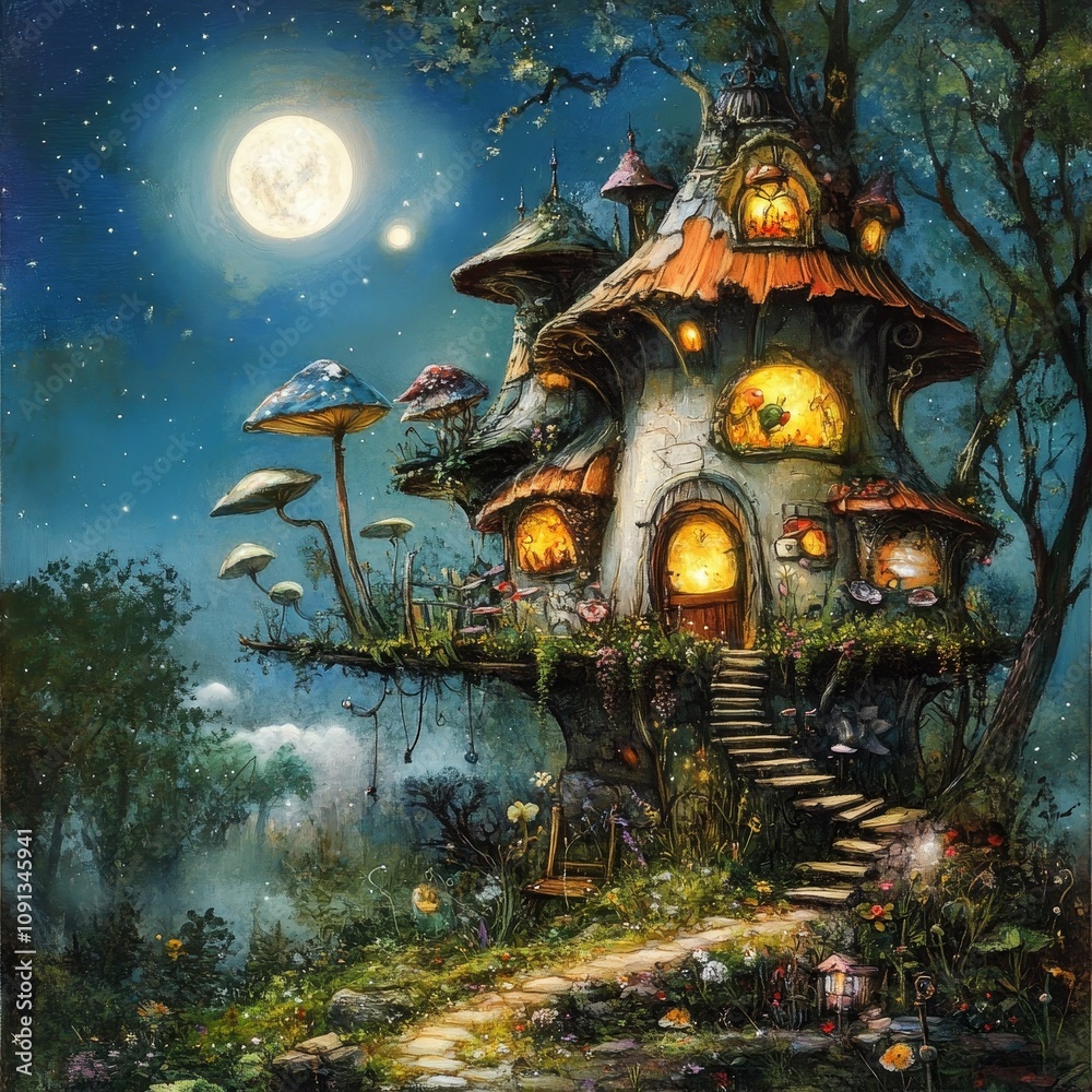 Fototapeta premium Enchanted mushroom house, moonlit forest path.