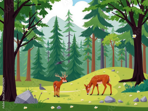A deer is grazing in a forest with a bird nearby. The scene is peaceful and serene, with the deer and bird coexisting in harmony