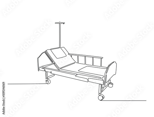 Continuous line drawing art of hospital bed unit. Hospital room interior in single line draw with active stroke.