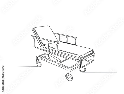 Continuous line drawing art of hospital bed unit. Hospital room interior in single line draw with active stroke.