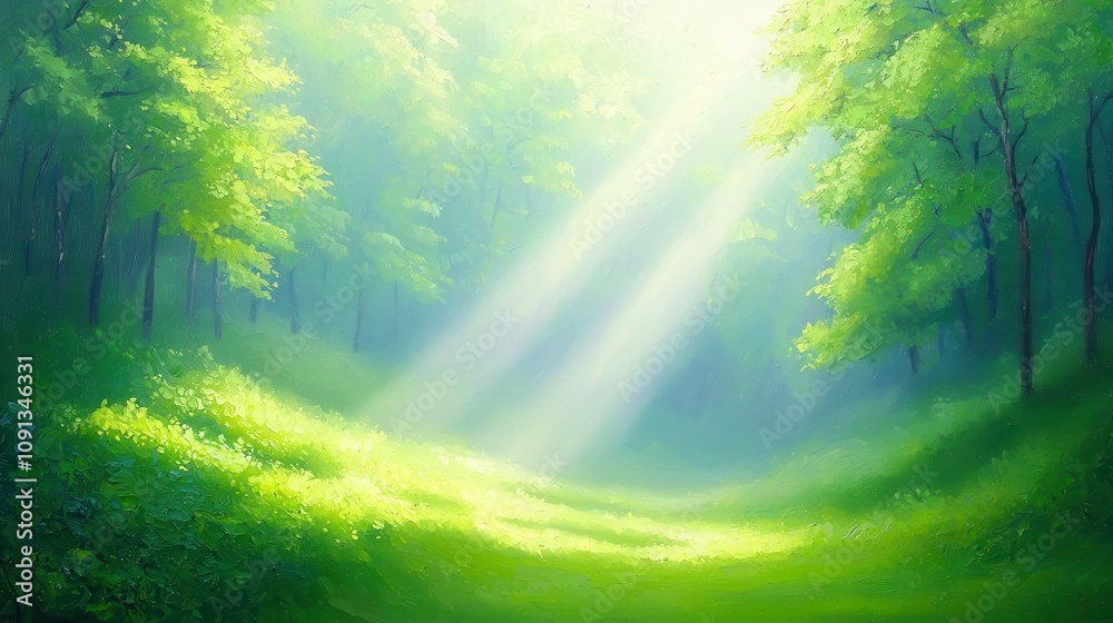 Fototapeta premium Lush Forest Retreat, a serene painting depicting vibrant greenery, tall trees, and soft sunlight filtering through leaves, creating a peaceful and inviting atmosphere.