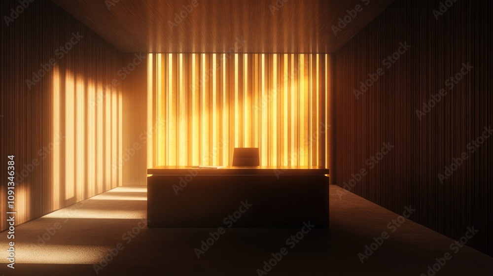 Fototapeta premium Minimalist Workspace Bathed in Warm Natural Light with a Sleek Desk and Vertical Wood Slats Creating a Calming Atmosphere
