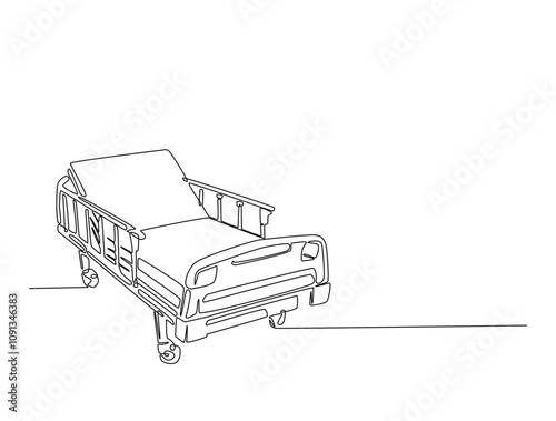 Continuous line drawing art of hospital bed unit. Hospital room interior in single line draw with active stroke.