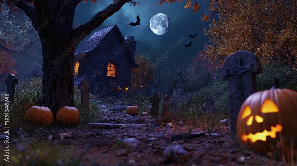Fototapeta premium Halloween pumpkins with carved faces beside a tree in a graveyard, a spooky house illuminated by moonlight, bats soaring, and a full moon glowing above.