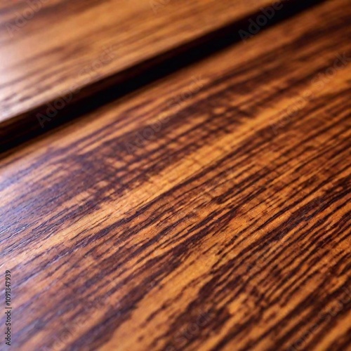 Polished Mahogany Surface: A close-up of a polished mahogany wood surface, in deep focus to highlight the smooth, glossy finish and the fine details of the wood grain.