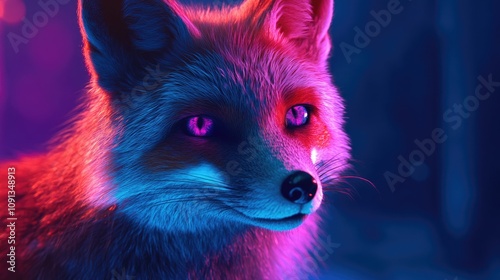 Fox with pink and blue eyes illuminated by a blue and purple backdrop, enhanced with a striking solarization effect that creates a vibrant, radiant composition. photo