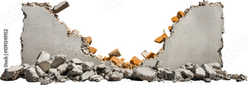 Demolished concrete wall with scattered debris.