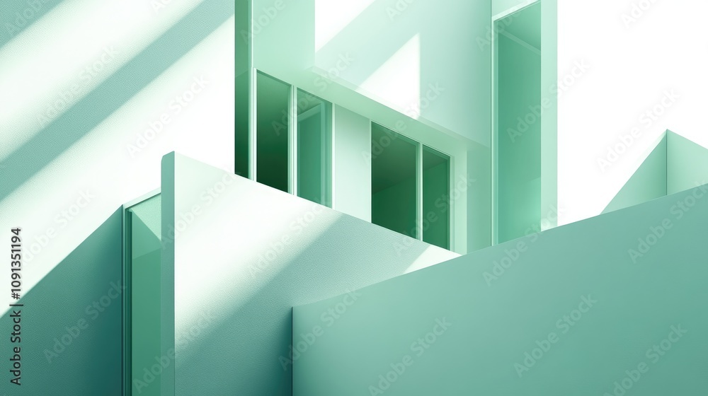 Fototapeta premium Pastel green geometric architecture with strong shadows and dynamic lines creating a contemporary and minimalist aesthetic.