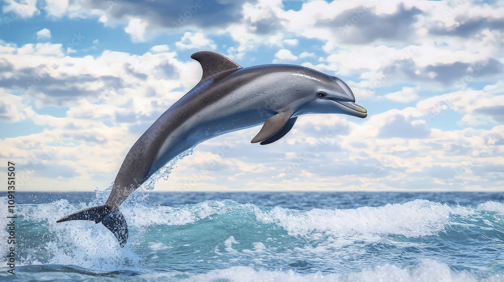 Fototapeta premium Dolphin leaping high above ocean waves under a bright, cloudy sky.