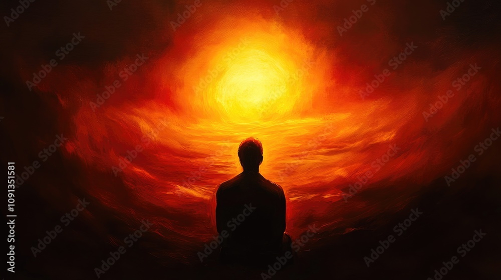 Silhouetted figure gazing with optimism at a vibrant sunset horizon, surrounded by warm orange and red hues reflecting on the water. Silhouetted figure gazing with optimism at a vibrant sunset horizon, surrounded by warm orange and red hues reflecting on the water.