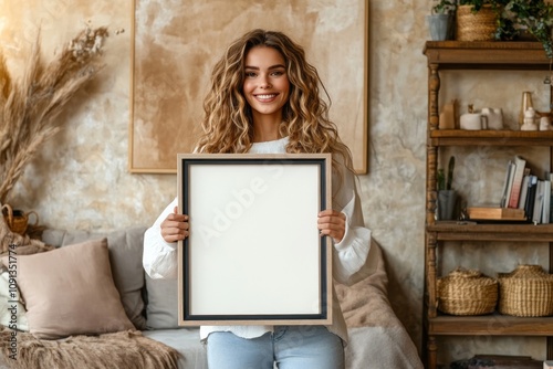 Obraz na płótnie Happy woman showing blank frame in stylish interior room w salonie