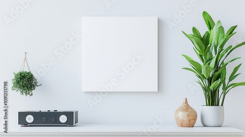 Square white canvas mockup displayed on a wall, modern hi-fi micro system positioned on a stylish bureau, creating a clean and contemporary interior scene.