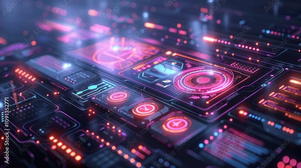 Fototapeta premium Futuristic digital interface with glowing neon lights and interactive buttons, creating a visually stimulating and modern technology backdrop.