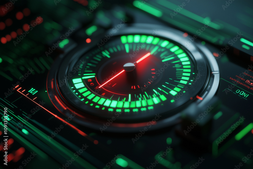 A close up view of futuristic risk meter displaying vibrant green and red needle, set against high tech digital interface. glowing elements create striking visual impact, evoking sense of urgency and A close up view of futuristic risk meter displaying vibrant green and red needle, set against high tech digital interface. glowing elements create striking visual impact, evoking sense of urgency and