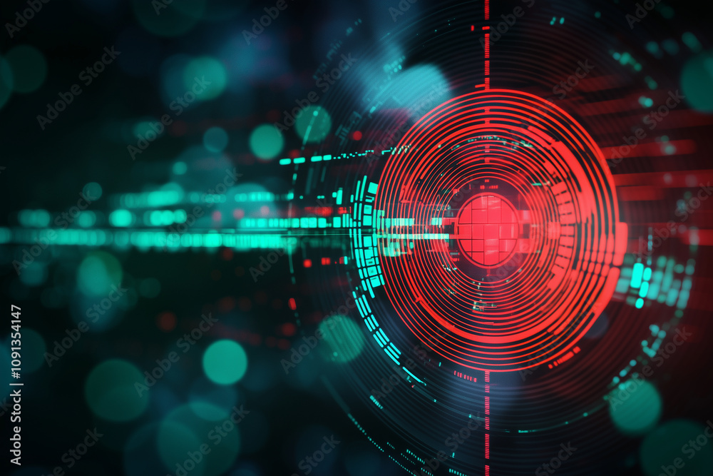 Fototapeta premium Digital abstract design featuring 3D hologram of target with red and green zones, surrounded by glowing circles and lines, creating futuristic atmosphere