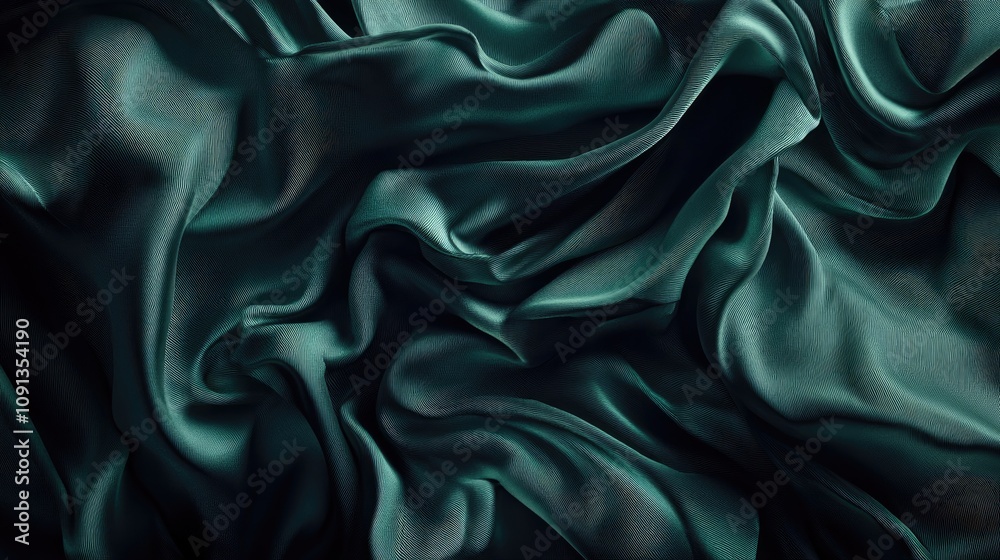 Obraz premium Luxurious 3D rendering of dark emerald green silky fabric showcasing intricate crumples and chaotic folds, perfect for elegant wallpaper design and interior decor inspiration.