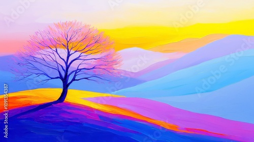 Vibrant Abstract Sunset Landscape, modern oil painting of a semi-abstract tree on a hill, illuminated by a colorful yellow and purple sky, evoking the beauty of nature.