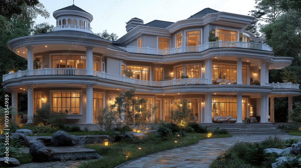 Obraz premium A luxurious multi-story mansion surrounded by a landscaped garden, illuminated warmly at dusk, ideal for real estate, architecture, or lifestyle promotions.