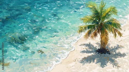 Tranquil beach scene with clear turquoise waters, soft white sand, and a solitary palm tree, creating a serene atmosphere in vibrant digital artwork.