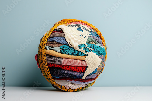 image features globe creatively wrapped in various pieces of clothing, symbolizing impact of fast fashion on planet. This artistic representation evokes sense of urgency regarding environmental issue photo