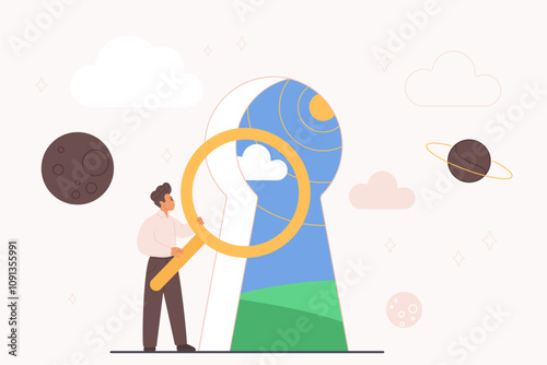 Tiny man holding magnifying glass to explore bright world inside big door keyhole before adventure cartoon vector illustration. Self discovery, dreams, journey to freedom, optimistic positive thoughts