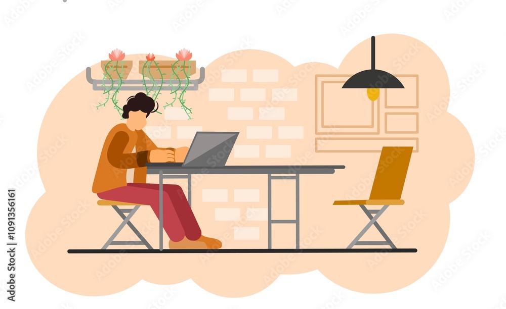 Fototapeta premium Flat illustration of a man working on a laptop at a minimalist desk. The background shows brick walls, hanging plants, and a modern lamp, creating a cozy workspace. Ideal for remote work