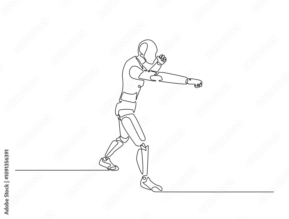 Obraz premium Continuous line drawing art of Humanoid robot fight pose. Cyborg in single line draw with editable stroke.