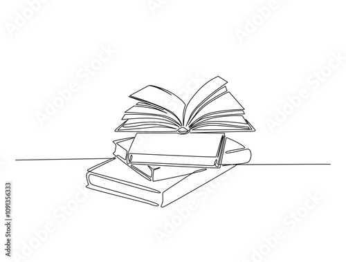 Continuous line drawing art of student books. Stack of books in single line draw with active stroke.