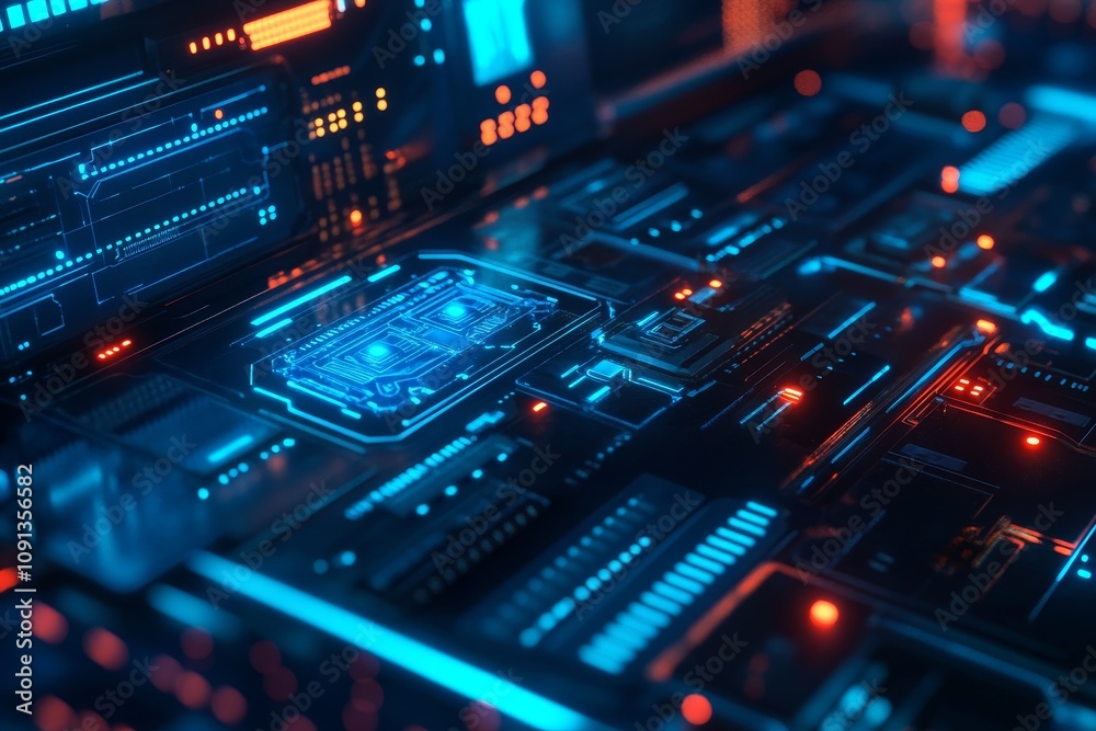 Fototapeta premium Futuristic Tech Circuitry: Vibrant Blue and Orange - Futuristic technology, digital interface, glowing circuit board, technological innovation, abstract background.
