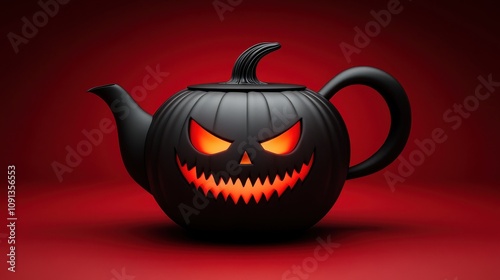 Capture halloweenspirit with black teapot shaped like pumpkin, featuring eerie eyes and fangs against dramatic red backdrop, perfect for seasonal decor and promotions. photo