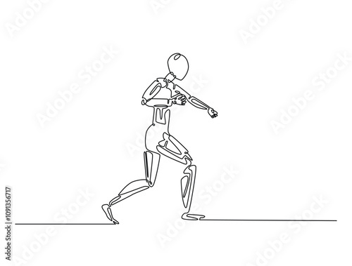 Continuous line drawing art of Humanoid robot fight pose. Cyborg in single line draw with editable stroke.