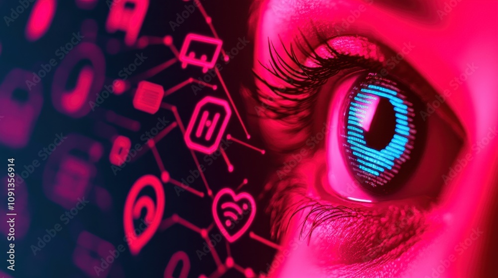 Obraz premium Close-up of human eye blue digital symbol in the iris, surrounded by vibrant pink and purple hues filled with tech and social mediicons, symbolizing human connection through technology.