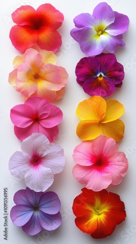 An elegant display of colorful pansy and hibiscus petals arranged vertically against a white background, suitable for use as decorative artwork or floral illustrations.

