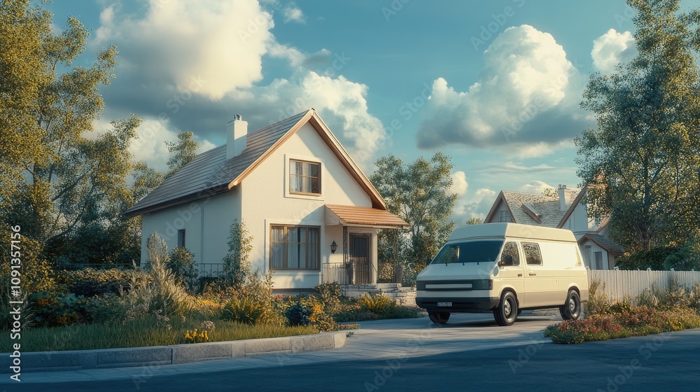 Suburban House Van Sunny Day Idyllic Scene Suburban House Van Sunny Day Idyllic Scene