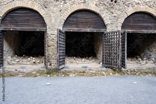 Herculaneum ruins, Naples, Italy. The skeletons of the dead fugitives at the entrance of the ancient city destroyed by the eruption of Vesuvius in 79 AD. photo